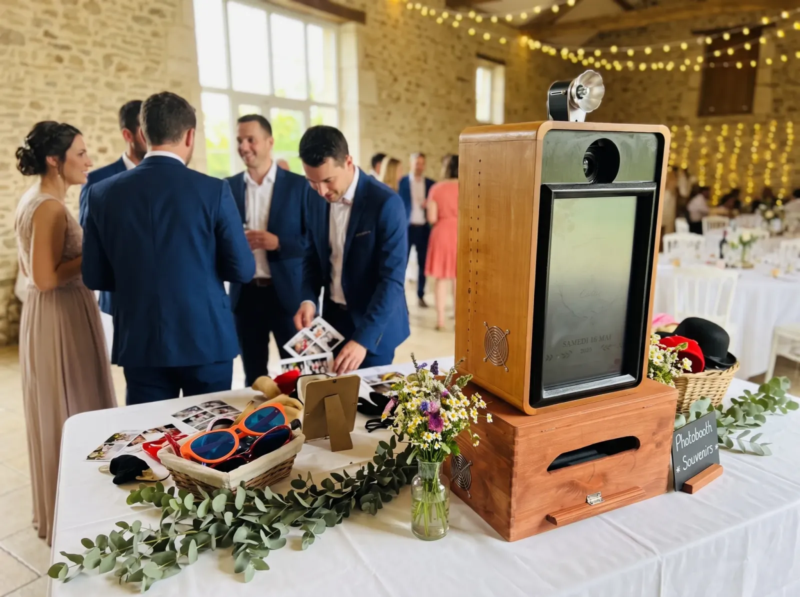 Animation photobooth en bois lors d'un repas de Noël d'entreprise en Provence avec des invités
