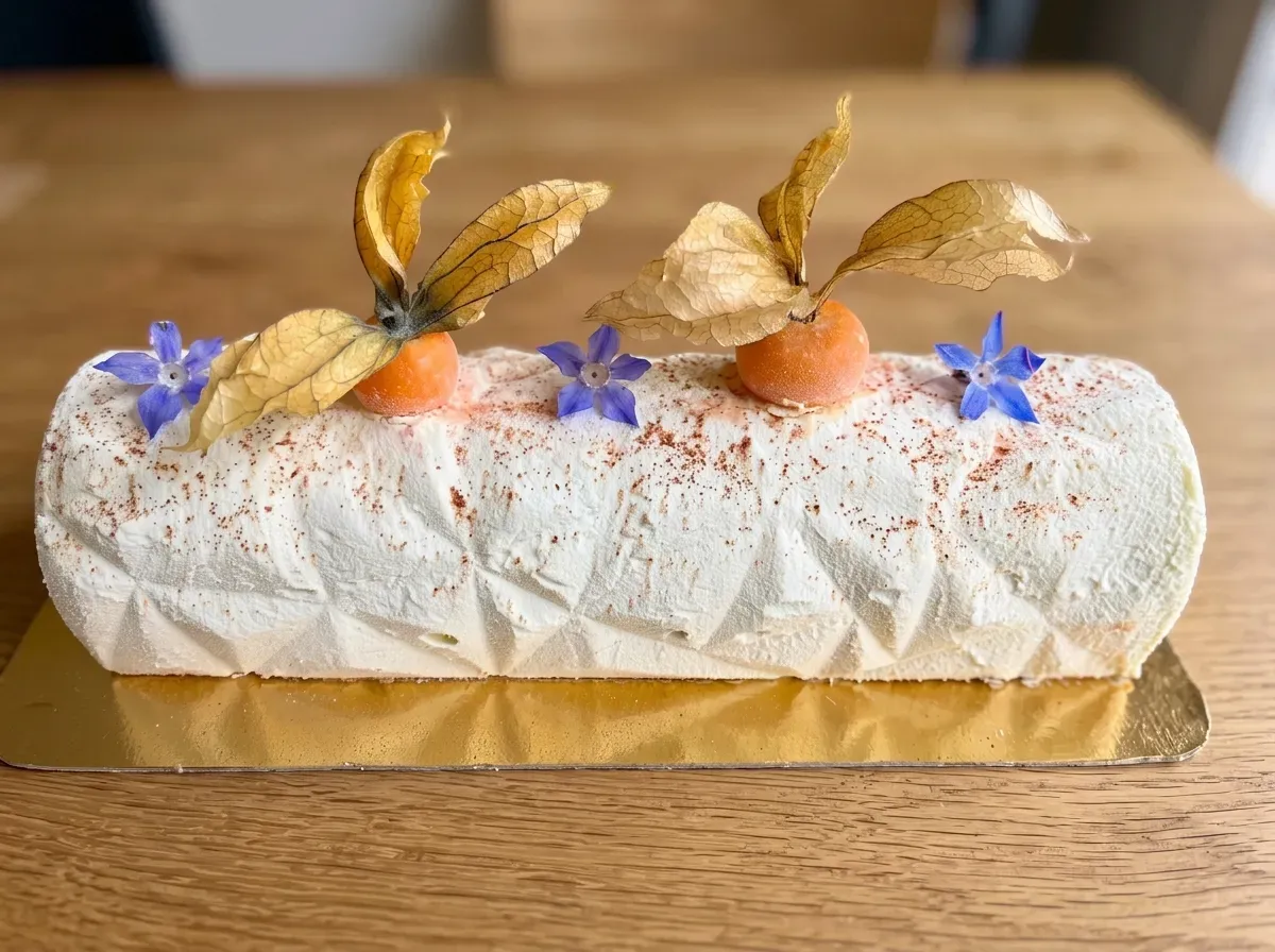 Bûche de Noël décorée de physalis servie pour un repas d'entreprise en Provence